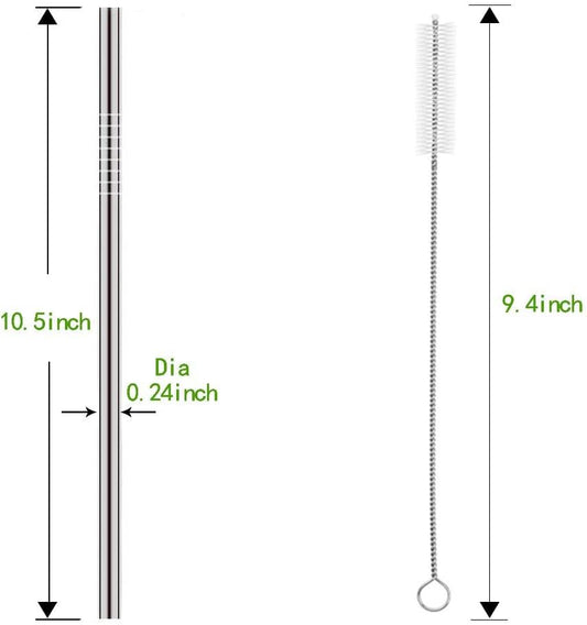 Set of 10 Stainless Steel Straws, HuaQi Straight Reusable Drinking Straws 10.5'' Long 0.24‘’ Dia for 30 oz Tumbler and 20 oz Tumbler, 2 Cleaning Brush Included (10 Straight Straw + 2 Brushes)