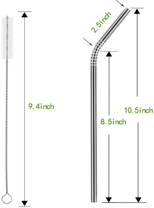 Set of 10 Stainless Steel Straws, HuaQi Bent Reusable Drinking Straws 10.5'' Long 0.24‘’ Dia for 30 oz Tumbler and 20 oz Tumbler, 2 Cleaning Brush Included (10 Bent Staw + 2 Brushes)