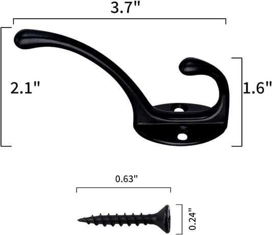 IBosins 30 Pack Heavy Duty Dual Coat Hooks Wall Mounted with 60 Screws Retro Double Hooks Utility Black Hooks for Coat, Scarf, Bag, Towel, Key, Cap, Cup, Hat