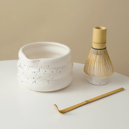 7-piece matcha kit includes matcha bowl. white speckled matcha tea set with bamboo whisk -, sifter, scoop, stainless steel filter, tea caddy, cloth & gift box - for matcha green (4)