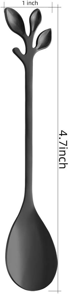 AnSaw 8-Pack Elegant Black Leaf 4.7" Espresso Spoons - Stainless Steel, Perfect for Coffee, Demitasse, Dessert & Tea, Mini Size for Small Servings