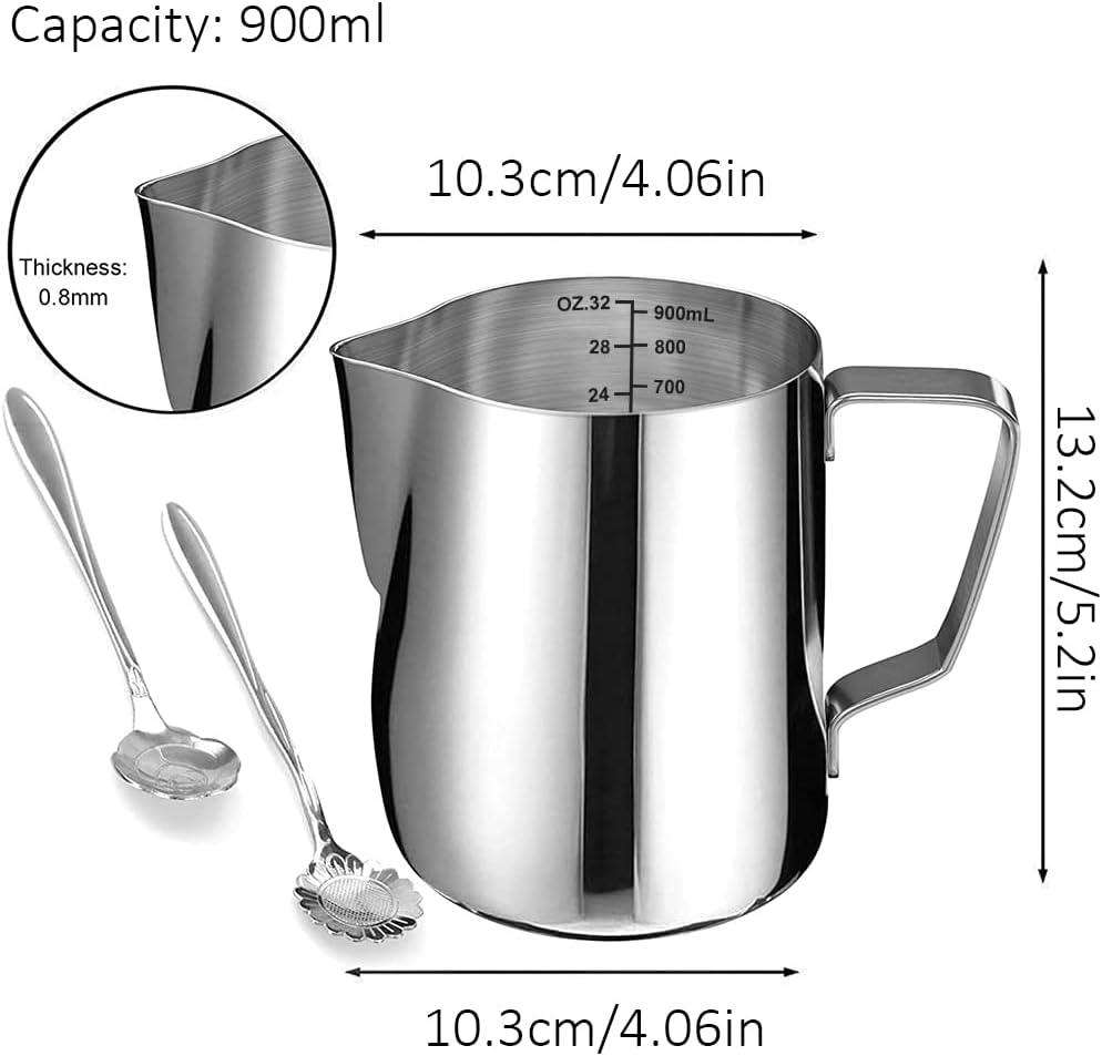 Milk Frothing Pitcher Cup, 32oz/900ML Milk Frother Cup Stainless Steel Steaming Pitcher Milk Jug Coffee Latte Art Cappuccino Espresso Machine Accessories Barista Steam Pitchers Attached Dessert Spoons