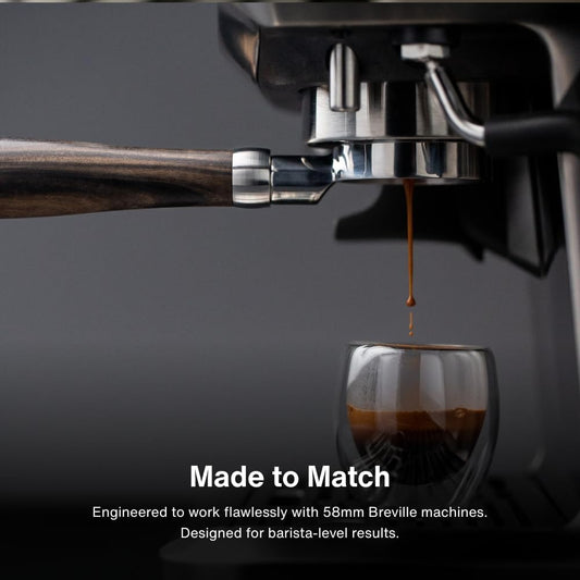 Crema Coffee Products 58mm Bottomless Naked Portafilter | Compatible with 58mm Breville Machines | Includes Double Shot Filter Basket | Sandalwood