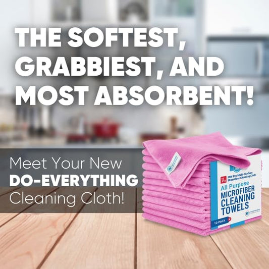 MW Pro Microfiber Cleaning Cloth | Pink | 12 Pack | 16โ x 16โ | All Purpose Microfiber Towels - Clean, Dust, Polish, Scrub, Absorbent