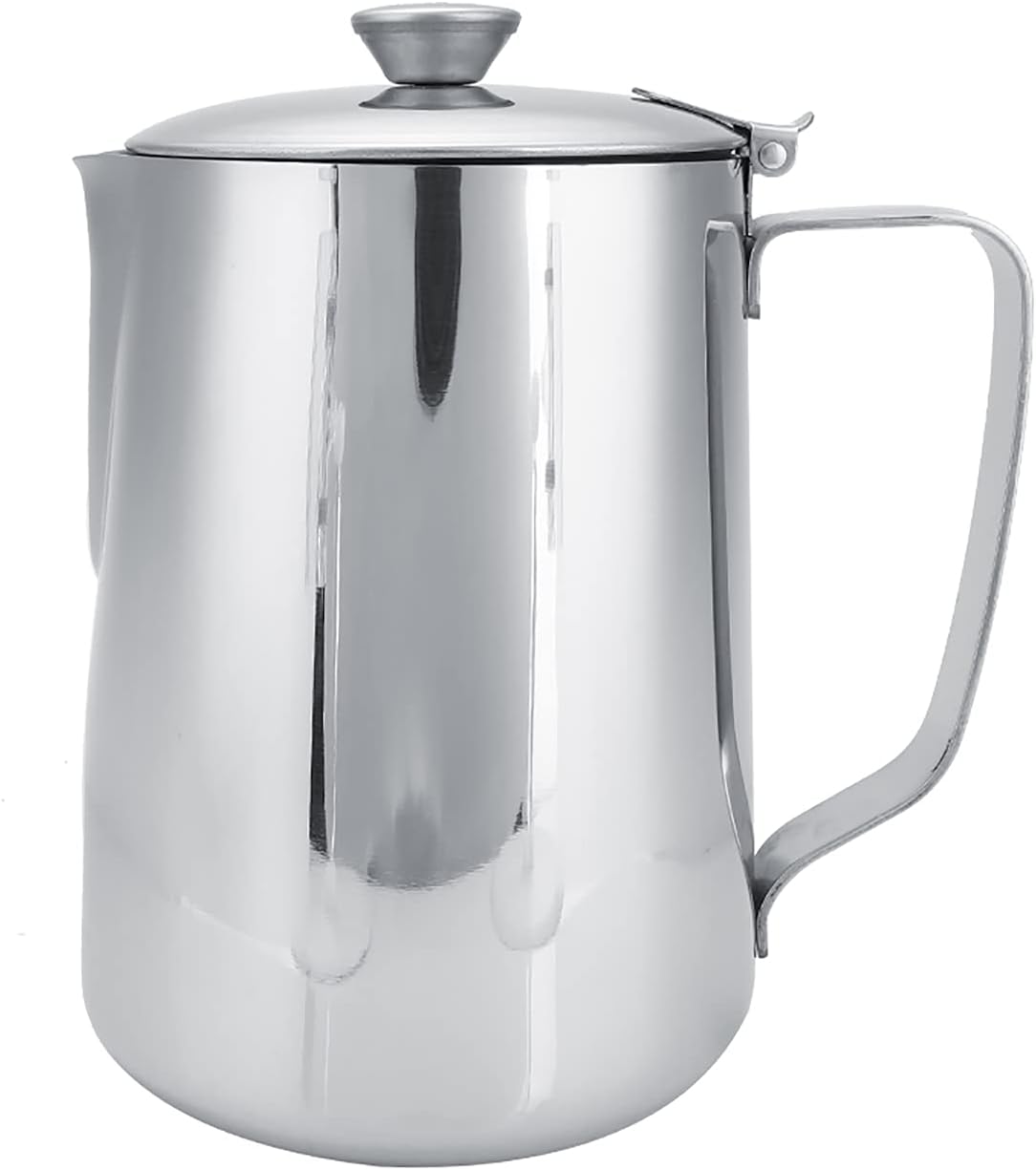 Stainless Steel Milk Frothing Pitcher, Stainless Steel Coffee Cup Mug Milk Frothing Pitcher Jug with Lid for Latte Coffee Art for Office Kitchen with handle(1000ML)