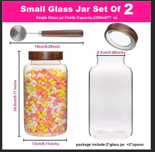 Glass Coffee Jars Spice Jar Round Storage Canister with Wooden Lid Clear Glass Food Jar for Pantry Sugar Tea Coffee Bean Spice Nuts Cookies Bath Salts (2300ml/77oz-2PACK(with spoon))