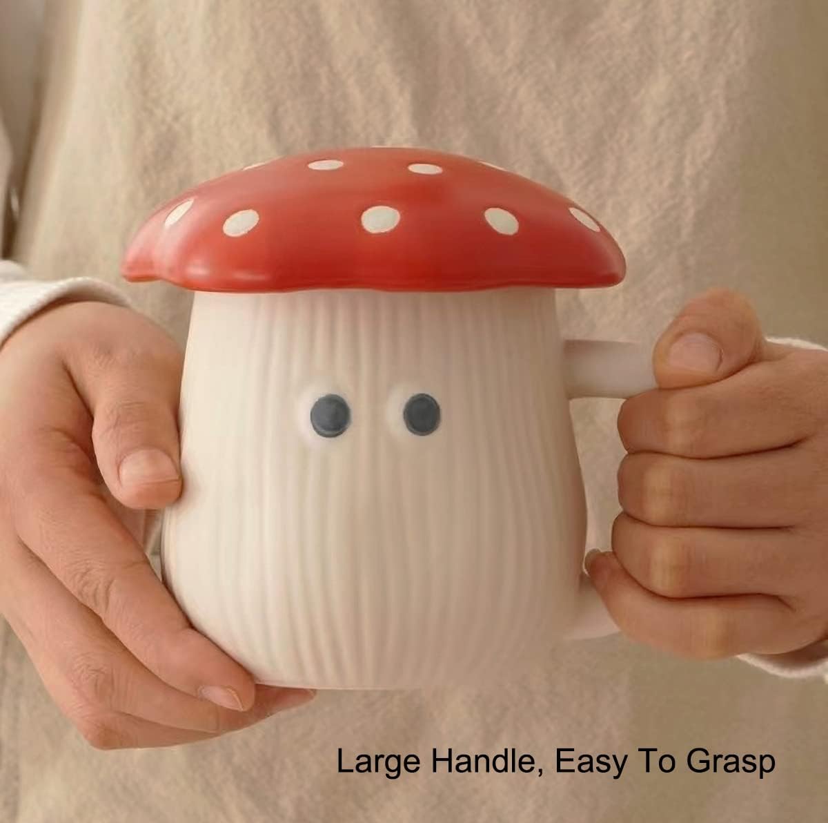 Cute Mushroom Mug with Lid, Handmade Glaze Cover & Eyes, Safety Matt Ceramic Milk Mugs, 12 oz Cartoon Tea Cup. Best Gifts for Women & Girls.