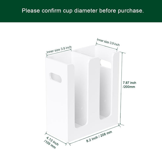 Disposable Coffee Cup Dispenser with Handles, Countertop or Wall Mount Hot/Cold Drink Cup and Lid Holder - Bathroom/Kitchen/Office Acrylic Cup Lid Storage Organizer (2 Compartments, White)