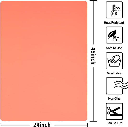 Silicone Mat Heat Resistant Mats for Countertop, Large Silicone Mats for Kitchen Counter Crafts Workbench Table, Size 48x24 inches Thick 2mm,Rolled Package,Coral