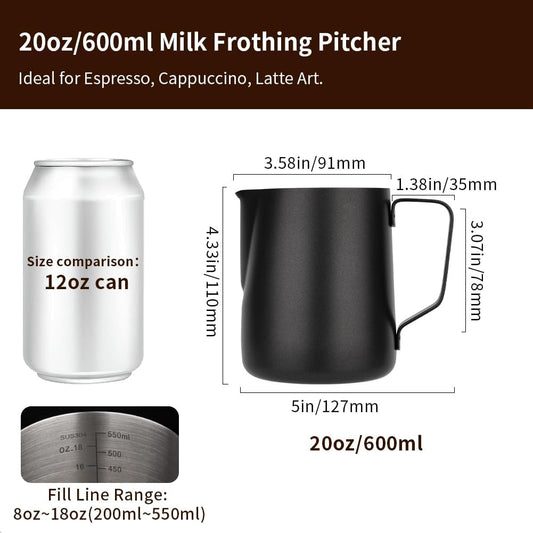 watchget Stainless Steel Milk Frothing Pitcher 20oz/600ml - Espresso Steaming Pitcher for Cappuccino, Latte Art, Coffee Machine Accessories Milk Jug Coffee Frother Cup, Black