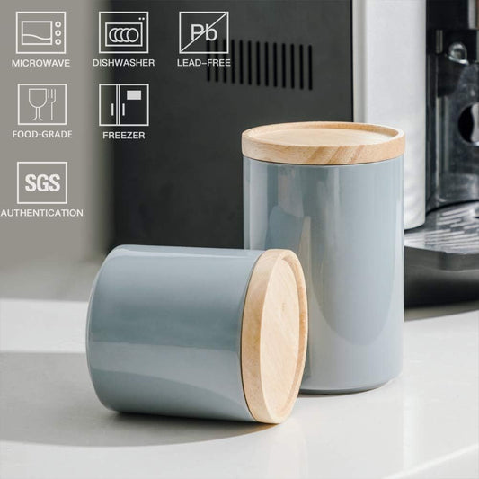 Sweejar Kitchen Canisters Ceramic Food Storage Jar, Stackable Containers with Airtight Seal Wooden Lid for Serving Ground Coffee, Tea, Sugar, Salt and More - 28 Fl Oz (Gray)