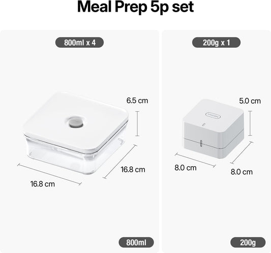 VAKUEN Premium Airtight Food Storage Container. Meal Prep 0.85qt 5pc/Set. 4pcs Container and Vacuum Sealer. Patented Double Silicone Lining, 100% Leak Proof, BPA-FREE
