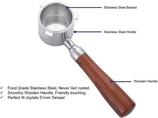 Maspresso 51mm Bottomless Portafilter for Delonghi La Specialista Espresso Machine EC9335 EC9155 EC9665 EC9355 Stainless Steel Portafilter 4 Cups -Wooden Handle
