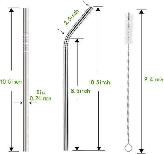 Set of 10 Stainless Steel Straws, HuaQi Bent Reusable Drinking Straws 10.5'' Long 0.24‘’ Dia for 30 oz Tumbler and 20 oz Tumbler, 2 Cleaning Brush Included