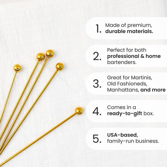 A Bar Above 12-Piece Gold Cocktail Picks, Short Stainless Steel Garnish Skewers for Appetizers, Martinis, Old Fashioneds, Shrimp Cocktail, Bloody Marys, and Premium Drink Presentations