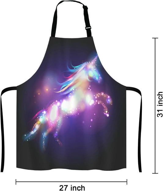 Unicorn Magic Design With Stars Adjustable Bib Apron, Unicorn Rainbow Galaxy Space Cooking Kitchen Apron for Men Women