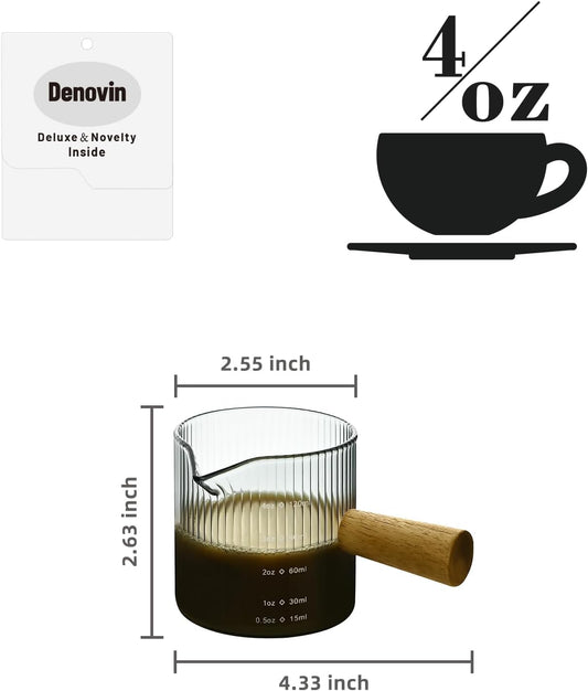 Glass Measuring Cup, 4oz Espresso Shot Glass with Wood Handle, Single Spout Measuring Triple Pitcher Milk Cup for Coffee Tea (Gray Ribbed)