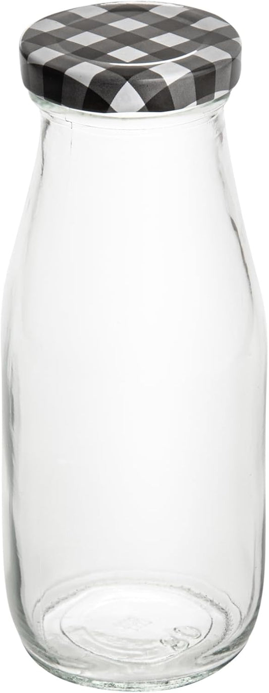 Restaurantware French Countryside 11 Ounce Glass Bottles 10 Durable Juice Bottles - With Black Plaid Lid Dishwashable Clear Glass Countryside Bottles For Hot And Cold Beverages