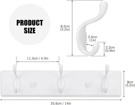 Wooden Coat Rack, Wall-Mounted Organizer for Closet, Entryway, Hallway, Foyer, Bedroom, Heavy Duty Double Hooks for Hanging Towels, Bags, Hats, Jackets, Key (White, 3 Hooks)