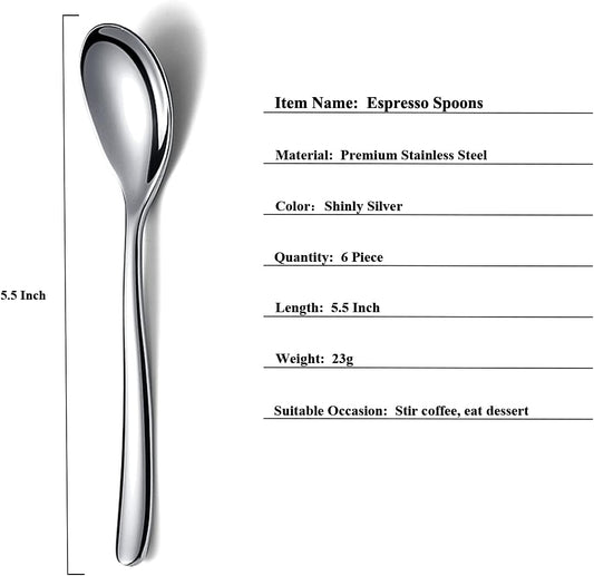 Demitasse Espresso Mini Spoons, 5.5'' Stainless Steel, Set of 6, Dishwasher Safe (Silver)