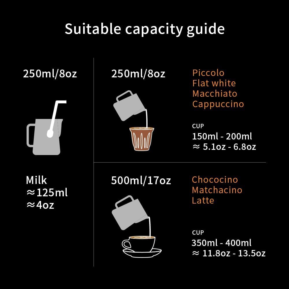 watchget Milk Frothing Pitcher 250ml/8oz Stainless Steel Espresso Steaming Pitcher Milk Coffee Cappuccino Latte Art Barista Steam Pitcher Milk Frothing Jug, Black