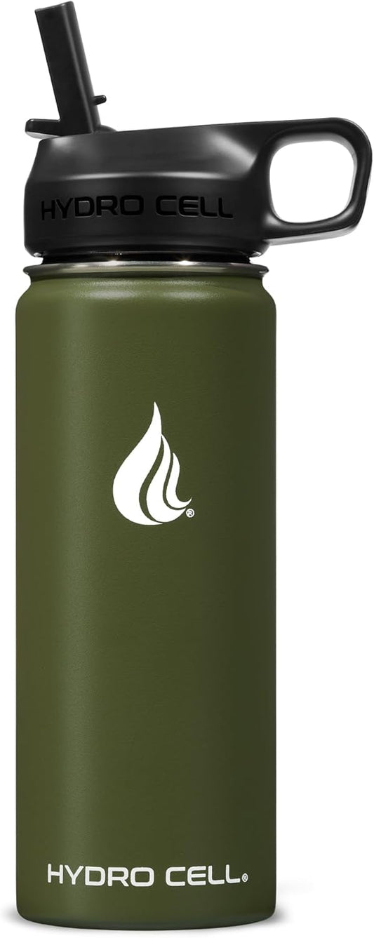HYDRO CELL Stainless Steel Insulated Water Bottle with Straw - For Cold & Hot Drinks - Metal Vacuum Flask with Screw Cap and Modern Leakproof Sport Thermos for Adults (Army 18oz)