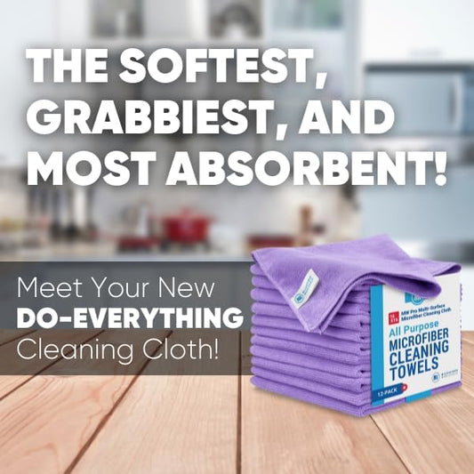MW Pro Microfiber Cleaning Cloth | Purple | 12 Pack | 16โ x 16โ | All Purpose Microfiber Towels - Clean, Dust, Polish, Scrub, Absorbent