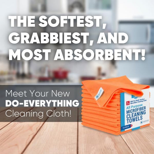 MW Pro Microfiber Cleaning Cloth | Orange | 12 Pack | 16โ x 16โ | All Purpose Microfiber Towels - Clean, Dust, Polish, Scrub, Absorbent