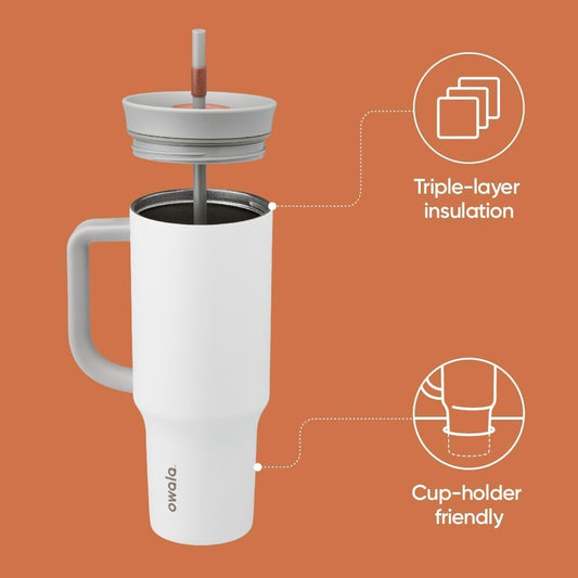Owala Stainless Steel Triple Layer Insulated Travel Tumbler with Spill Resistant Lid, Straw, and Carry Handle, BPA Free, 40 oz, Gray (Iced Tea)