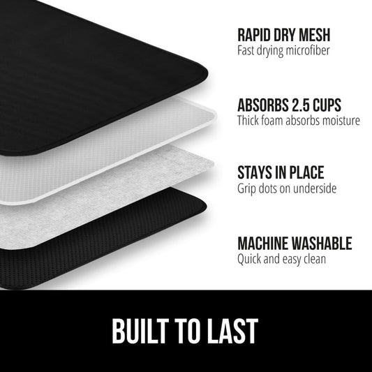 GORILLA GRIP Ultra Water Absorbent Microfiber Dish Drying Mat, Quick Dry Thick Mesh, Slip Resistant Pad for Sink Dishes or Under Rack, Kitchen Counter Accessories, 16x18, Machine Wash, 2 Pack Black