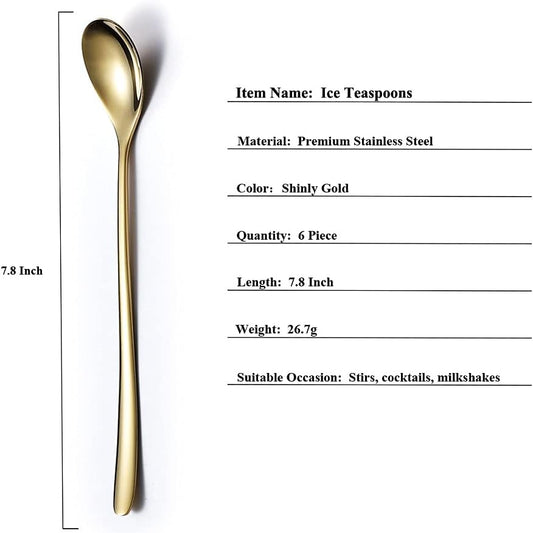 Gold Long Handle Coffee Spoons, Premium Stainless Steel Stirrers for Ice Tea, Ice Cream, Cocktails - Set of 6