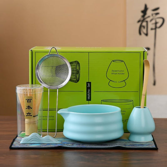 Matcha Set Matcha Whisk Matcha Bowl With Water Ladle Matcha Whisk Holder Tea Making Kit.Japanese Tea Set(7pcs)+1Spoon,Celadon Blue gift set