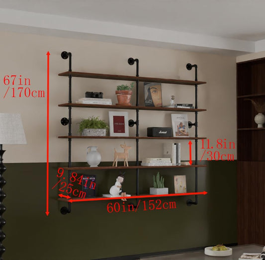Industrial Pipe Shelf Shelving Bookcase, Wall Mounted Rustic Bookshelf 60 Inch, Floating Bookshelves for Wall,Retro Wood Metal Pipe Industrial Shelves for Living Room