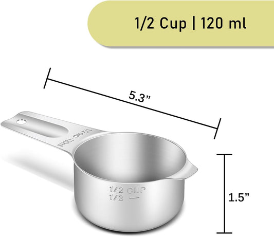 2PCS 1/2Cup (120ml, 4oz) Single Measuring Cup, Stainless Steel Measure Scoop, Metric and US Measurement, Heavy Duty, Dishwasher Safe