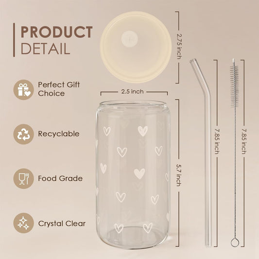 Heart 16oz Can Glass Tumbler with Acrylic Lid & Straw, Iced Coffee Cup for Women, Aesthetic Cups Gifts for Birthday Christmas Valentine
