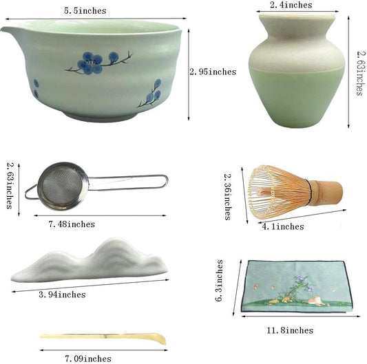 matcha whisk set, including matcha bowl, matcha whisk and stand, sieve, spoon, cloth mat, gift for matcha set(Light green)