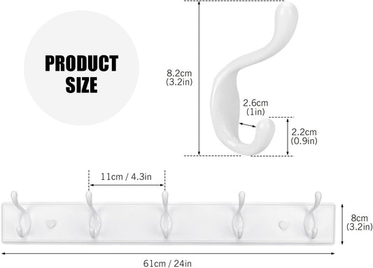 Wooden Coat Rack, Wall-Mounted Organizer for Closet, Entryway, Hallway, Foyer, Bedroom, Heavy Duty Double Hooks for Hanging Towels, Bags, Hats, Jackets, Key (White, 5 Hooks)