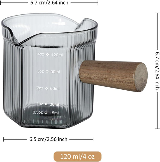 Joeyan 4 oz Grey Double Spouts Measuring Triple Pitcher Milk Cup with Wood Handle,Ribbed High Borosilicate Glass Measuring Cup, Espresso Shot Glasses