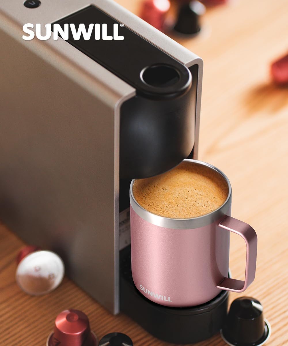 SUNWILL Travel Coffee Mug with Lid, Insulated Tumbler with Handle, 14 oz Stainless Steel Cup Set of 2 for Camping, Outdoor, Cool Grey & Rose Gold 2 Pack