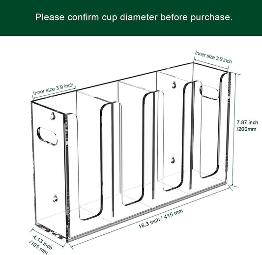 Disposable Coffee Cup Dispenser with Handles, Countertop or Wall Mount Hot/Cold Drink Cup and Lid Holder - Bathroom/Kitchen/Office Acrylic Cup Lid Storage Organizer (4 Compartments, Clear)