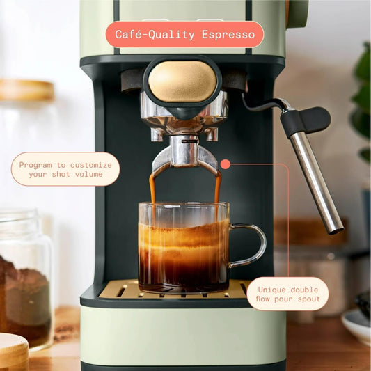Beautiful Slim Espresso Maker by Drew Barrymore – 20‑Bar Pressure, Dual‑Spout 52 mm Portafilter, 50 oz Removable Tank, 2‑in‑1 Steam Wand & Touch Controls (Sage Green)