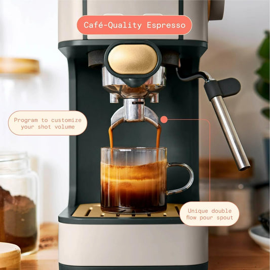 Beautiful Slim Espresso Maker by Drew Barrymore – 20‑Bar Pressure, Dual‑Spout 52 mm Portafilter, 50 oz Removable Tank, 2‑in‑1 Steam Wand & Touch Controls (Porcini Taupe)
