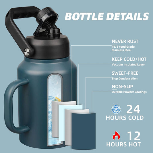BJPKPK 64oz Insulated Water Bottle with Handle, Large Dishwasher Safe Half Gallon Water Bottle, BPA Free Water Jug, Wide Mouth Metal Water Bottle with Anti-slip Bottom, Keep Cold & Hot, Navy Blue