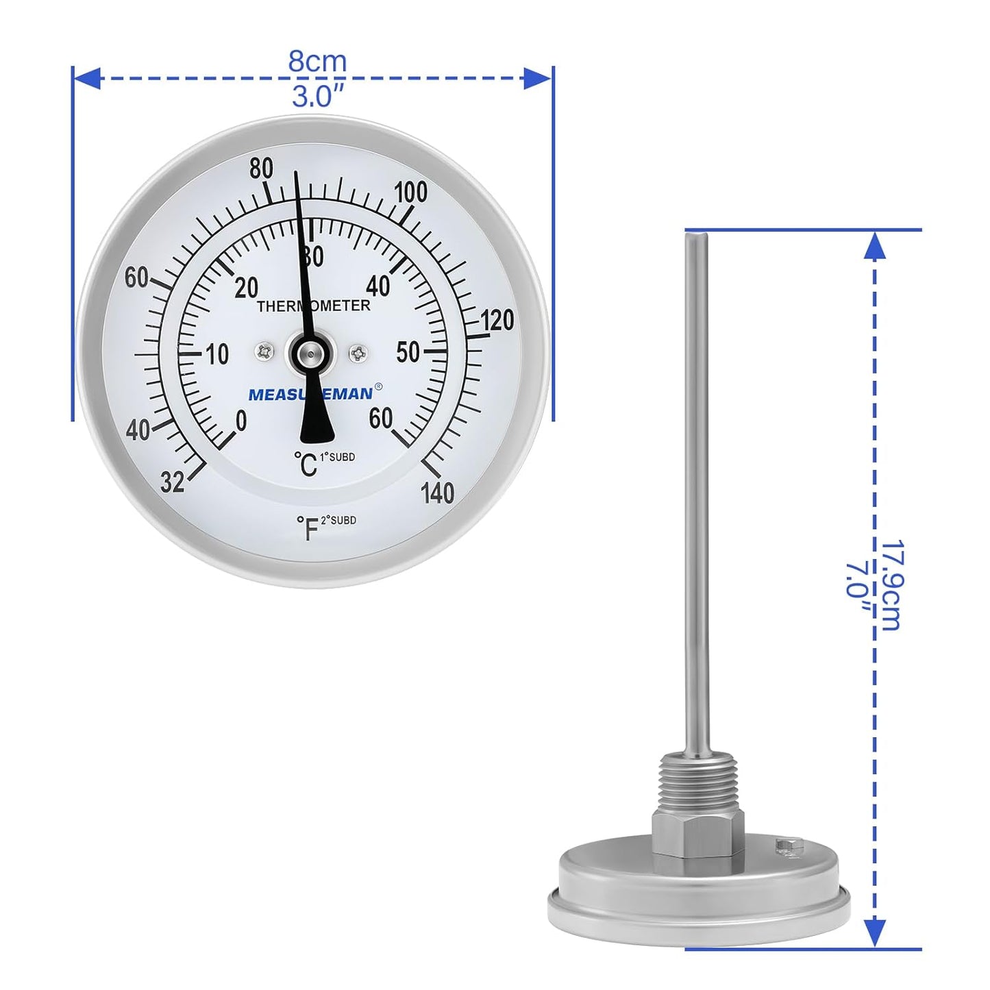 MEASUREMAN Homebrew Bi-Metal Thermometer, 3" Dial, 6" Lead-Free Brass Stem, Range 32-140 deg F/0-60 deg C, 2% Accuracy, Adjustable, 1/2" NPT Back Mount