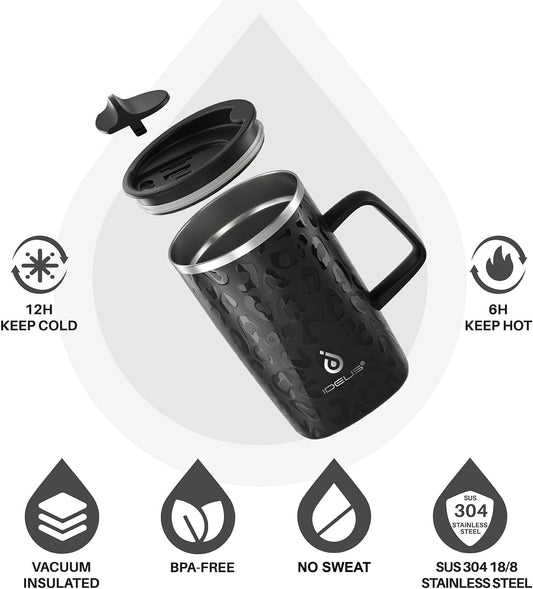Ideus Vacuum Insulated Coffee Mug, 16oz Reusable Stainless Steel Thermal Double Walled cup with Handle and Slider Lid for Hot & Cold Beverages, BPA Free (Leapord Black)