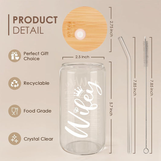 SANDJEST Wife Glass Can, Wifey Cup with Lid & Straw, Iced Coffee Aesthetic Cups, Idea Gift for Christmas Marriage Birthday Anniversary Valentine, Gifts for Women, 16oz