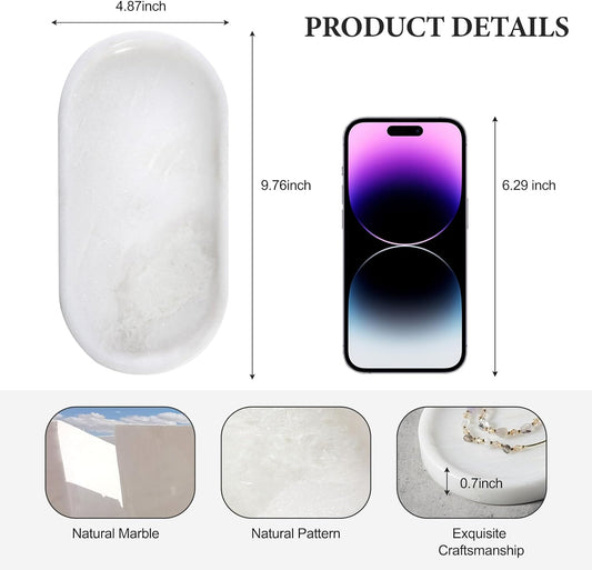 Koville African Natural White Marble Decorative Tray, 10" x 5" Marble Vanity Tray for Bathroom Countertop Organizer Stone Trays, Catchall Tray for Perfume, Candles, Jewelry (Namib Bianco White)