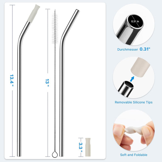Repeatable Metal Straw with Silicone Tips for 40 oz Stanley Tumbler, 2 Pcs 40 oz Stainless Steel Straws Replacement for Stanley Tumbler, 1 Straw Brush, BPA Free(Cream Grey)