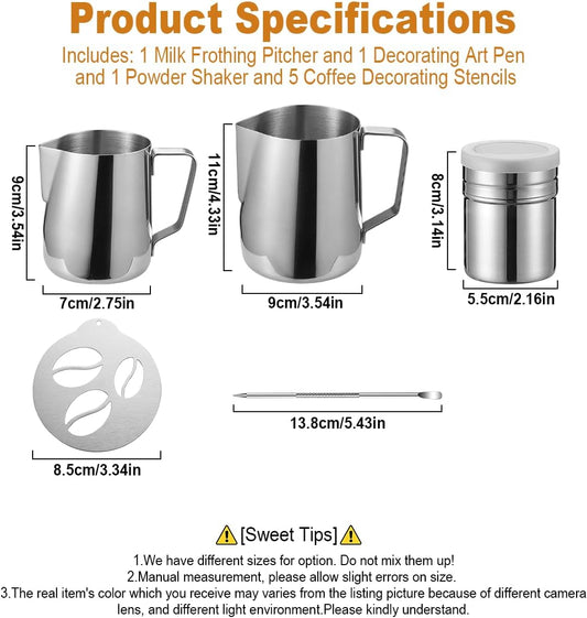 4Pieces Stainless Steel Milk Frothing Pitcher Set, Latte Art Barista Steaming Pitchers Set -Include Milk Frother Cup, Latte Art Pen, Powder Shaker, 5pcs Coffee Decorating Stencils (600ml/20oz)