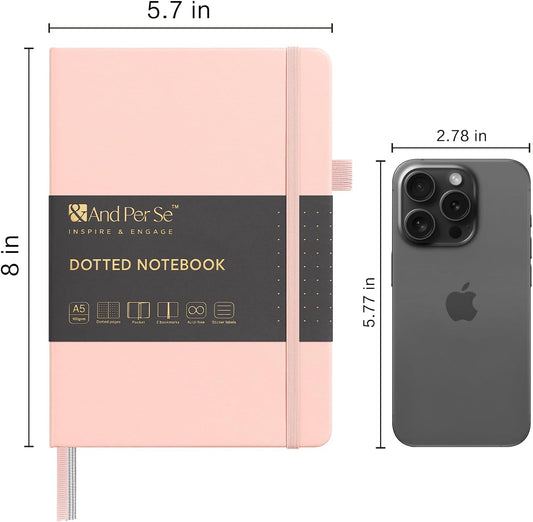 &And Per Se Dotted Journal Notebook, A5 Hardcover Leather Bullet Dotted Journal, 160 Pages 100 gsm Thick Dotted Paper,3 Sheets of Stickers Included - 5.7'' x 8''(Pink)